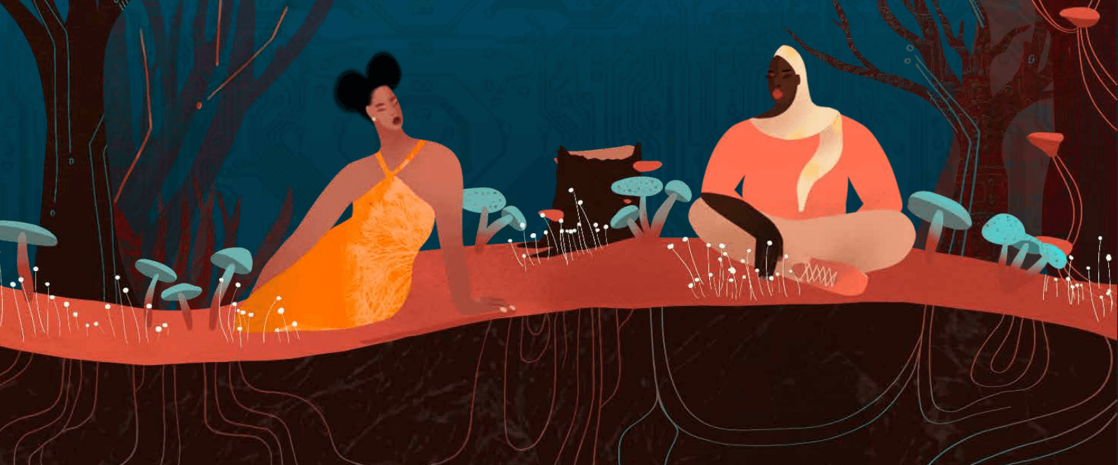 An illustration of two people wearing colorful clothing and sitting in a forest.