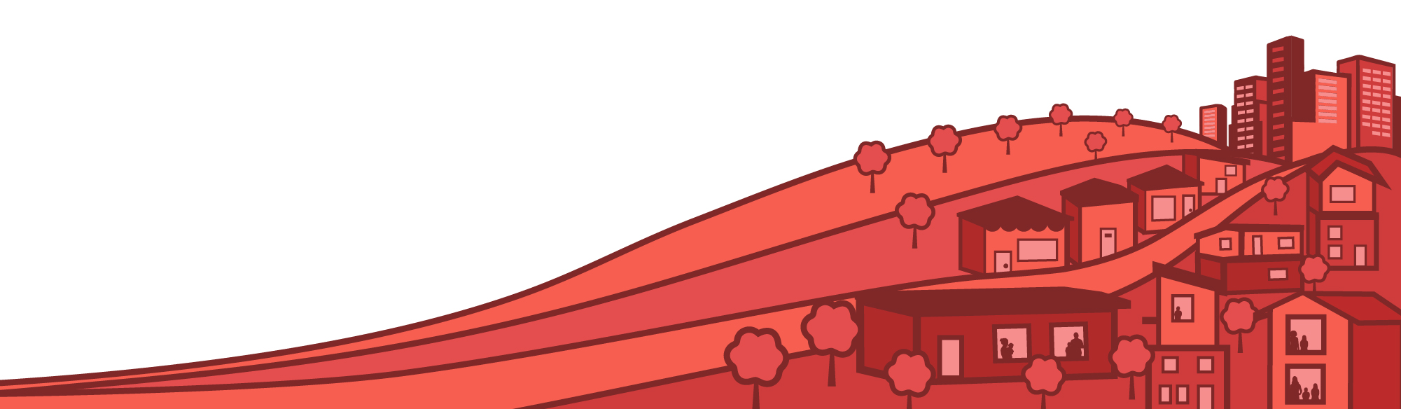 An illustration of homes with city buildings in the background and wide open fields in the foreground.