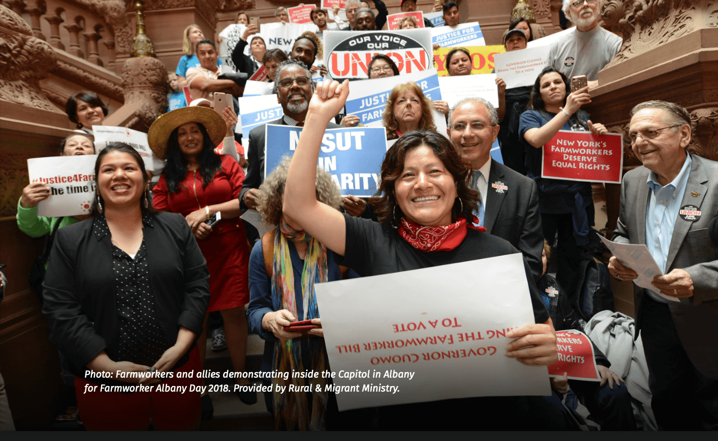 Photo: Farmworkers and allies demonstrating inside the Capitol in Albany for Farmworker Albany Day 2018. Provided by Rural & Migrant Ministry. Photo: Farmworkers and allies demonstrating inside the Capitol in Albany for Farmworker Albany Day 2018. Provided by Rural & Migrant Ministry.
