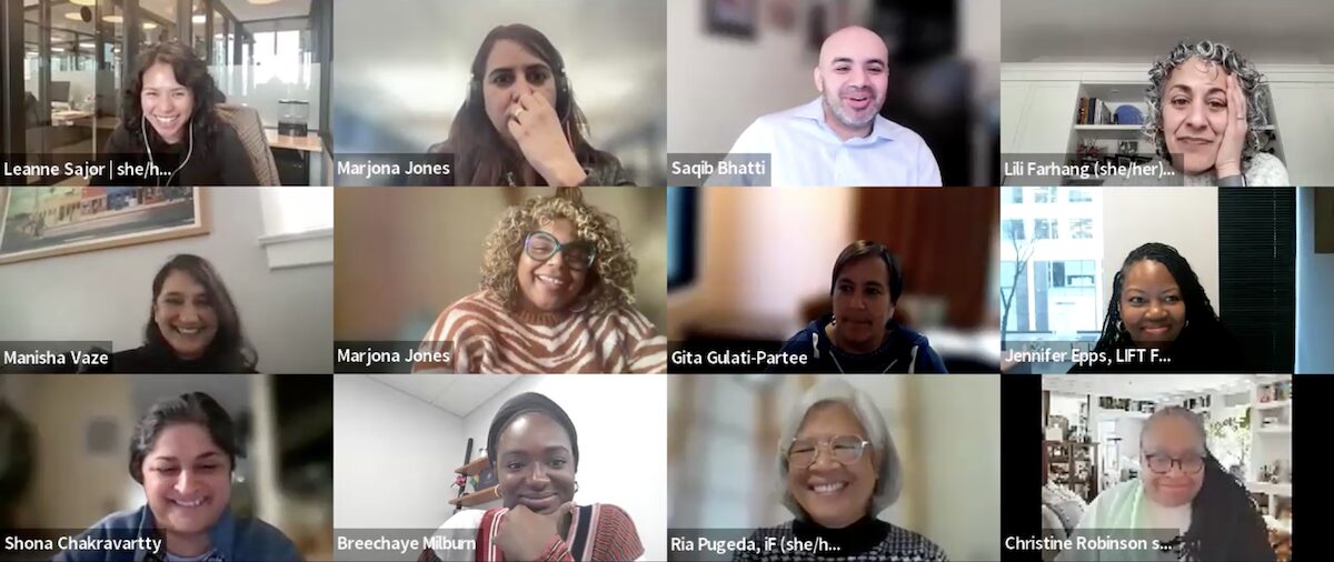 A zoom screenshot of smiling participants attending NFG's Funders for a Just Economy's 2024 Network Strategy Session “Interlocking Issues of Precarious Work”